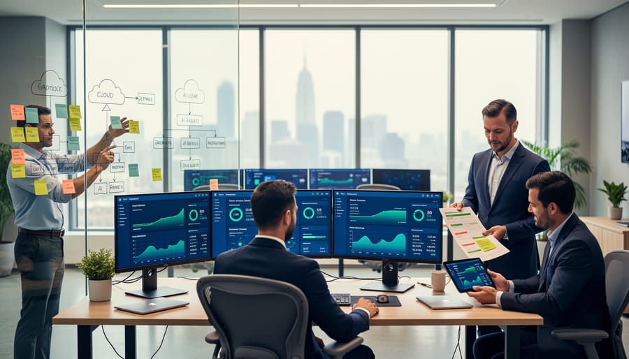 Office workspace with multiple monitors showing cloud infrastructure dashboards