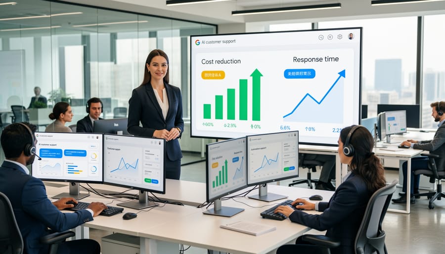 Customer service team working in modern office environment with integrated AI systems