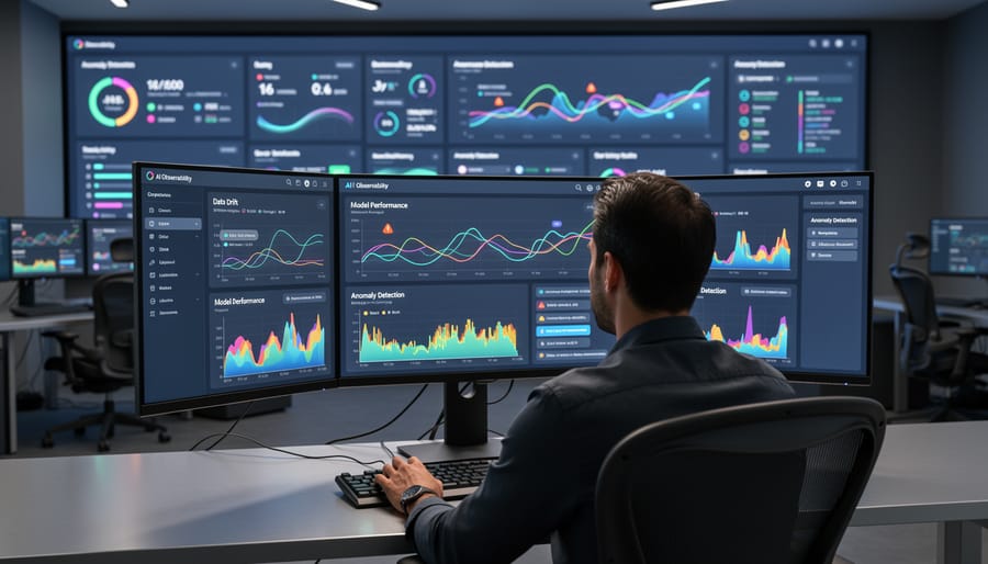 Illuminated fiber optic cables representing data flow and monitoring in AI systems