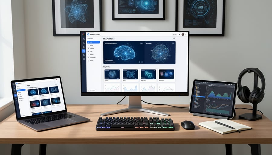 Professional dual monitor setup for AI development and portfolio work