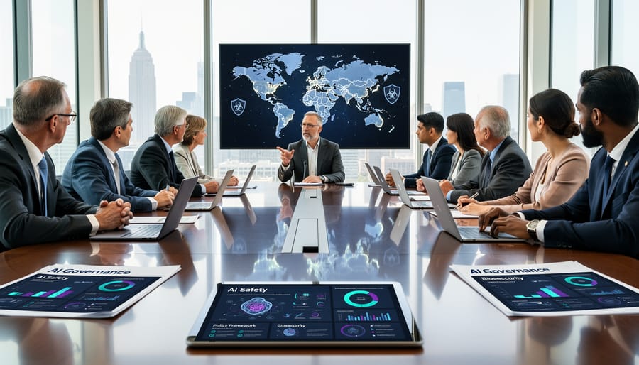 Diverse professionals engaged in serious discussion around conference table