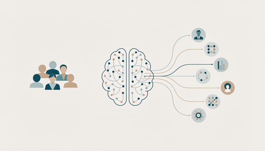 Professionals using digital devices with network connection visualizations representing AI matching technology
