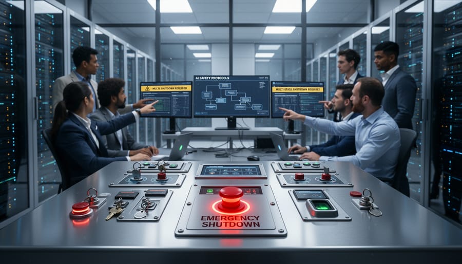 Hand hovering over red emergency stop button on industrial control panel