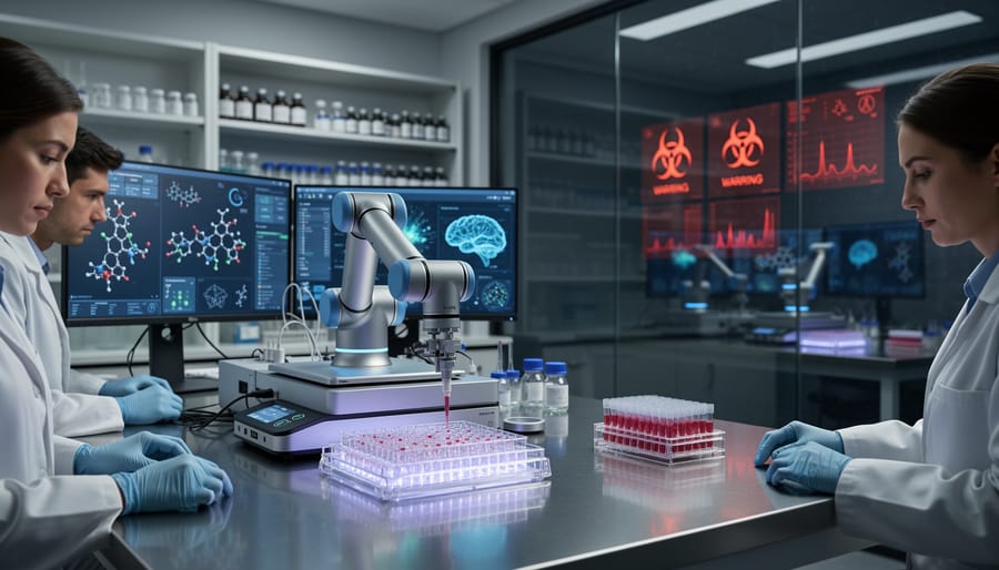 Robotic laboratory equipment handling chemical samples in modern research facility