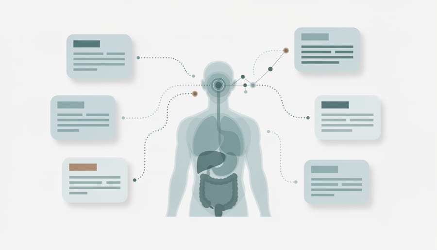 Person working on computer with digital neural network visualization representing AI medical data processing
