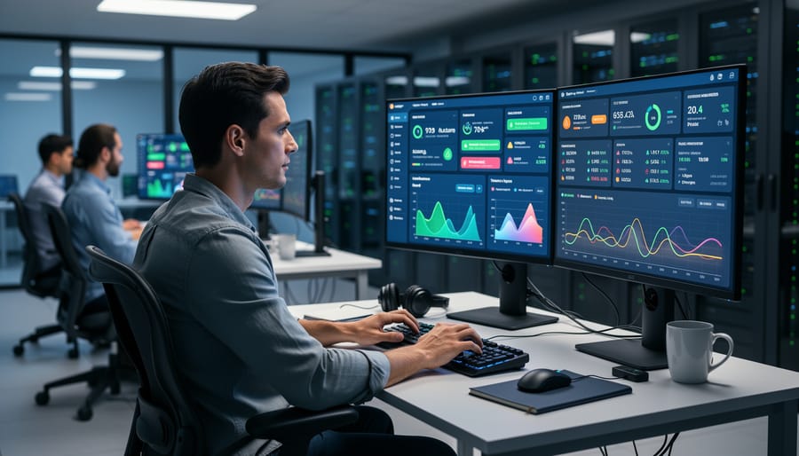 Server room with warning lights indicating system monitoring and alerts