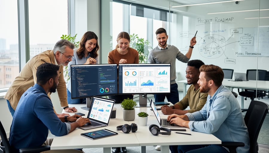 Diverse team of professionals working together on AI project with laptop