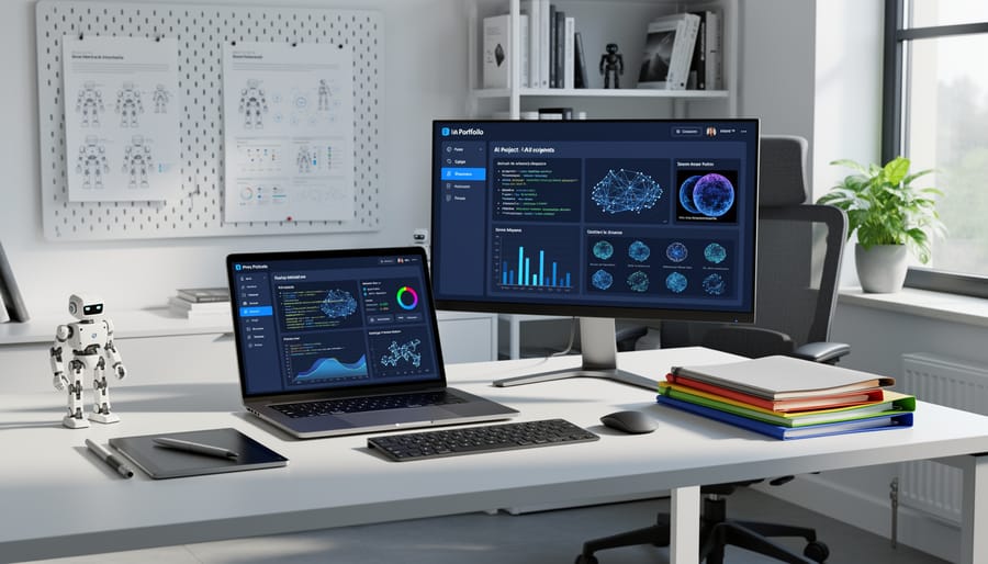 Laptop with code editor open on wooden desk in modern home office setting