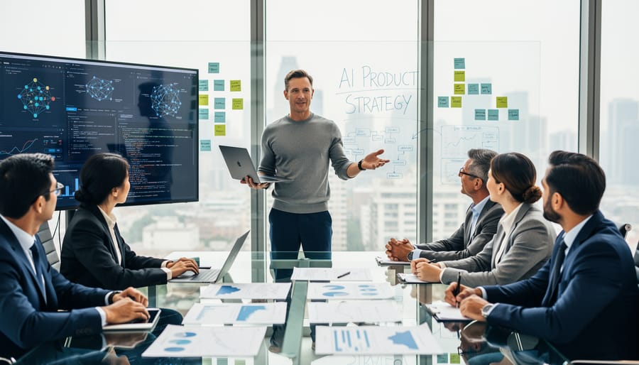 Diverse product management team collaborating in modern office setting