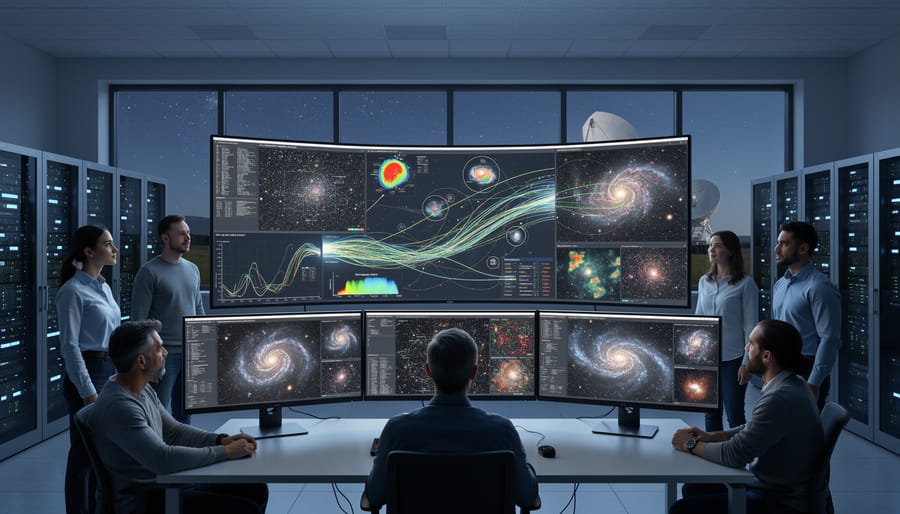 Radio telescope array scanning night sky for astronomical discoveries