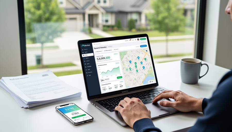 Laptop and smartphone displaying AI property valuation tools and real estate data
