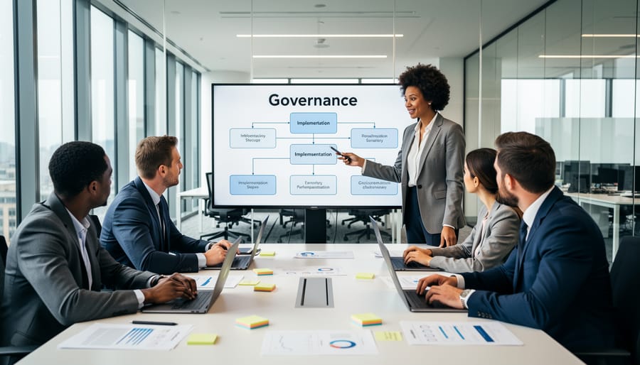 Business team collaborating on governance framework implementation around conference table