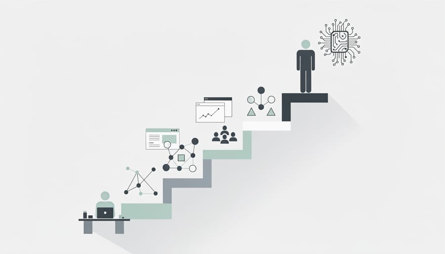 Hands arranging wooden blocks into ascending steps representing career progression