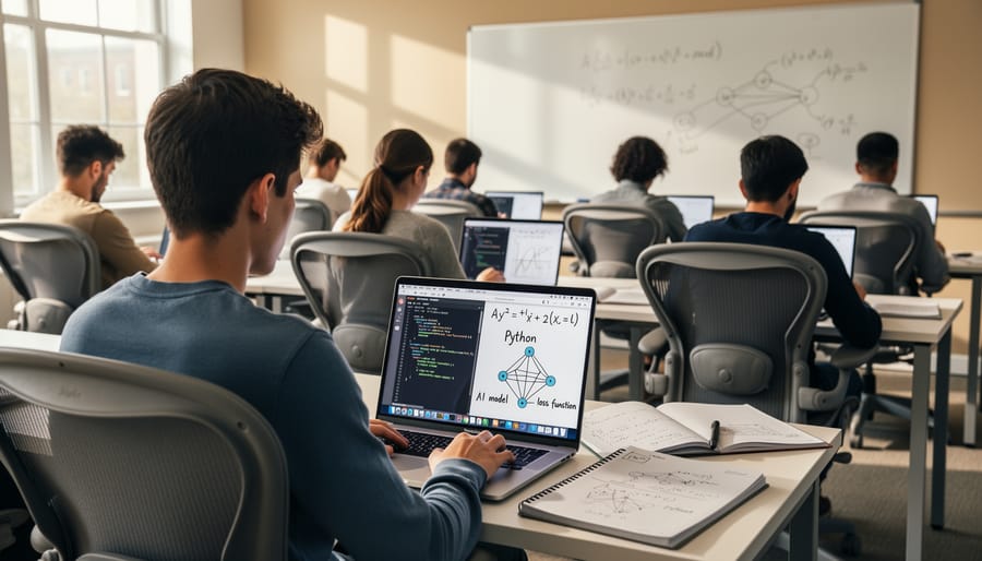 Programmer working on machine learning code with neural network results displayed on monitor