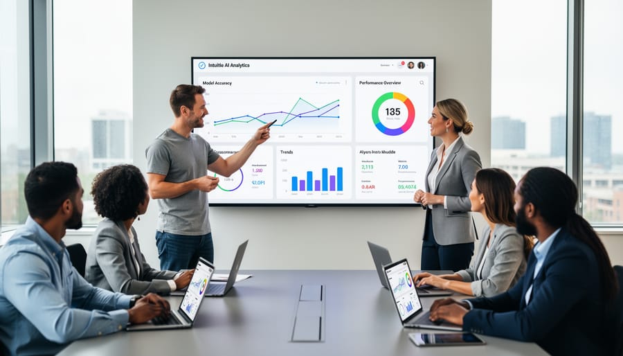 Team reviewing AI monitoring dashboards in modern office environment