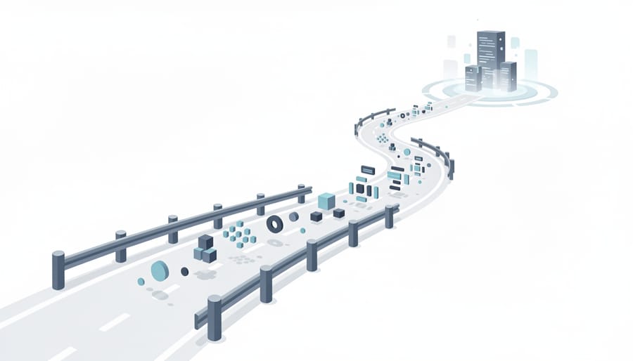 Metallic highway guardrails extending along curved road symbolizing protective governance structures