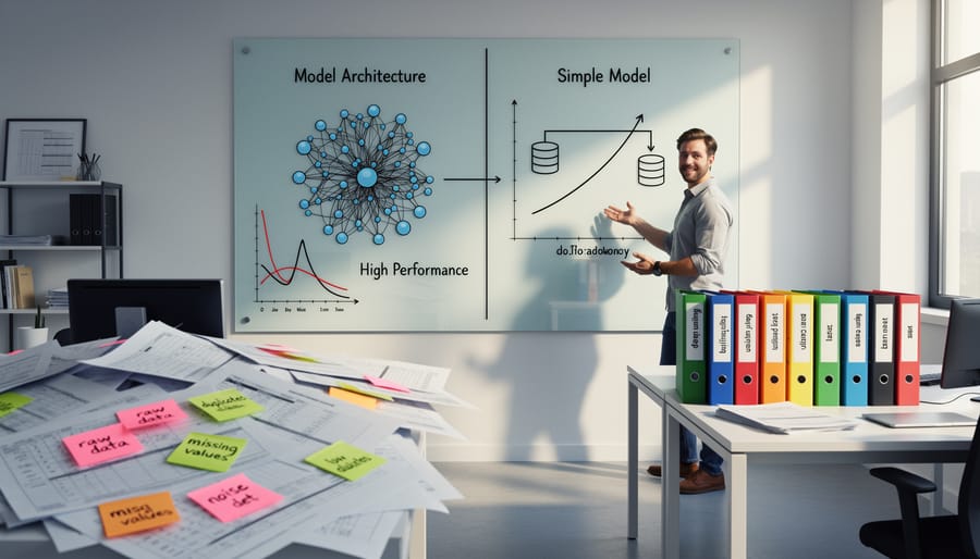 Comparison of messy disorganized data documents versus clean organized labeled data on a desk