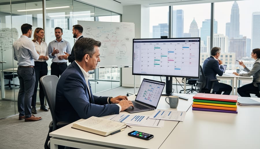 Professional workspace with notebook and laptop suggesting strategic planning