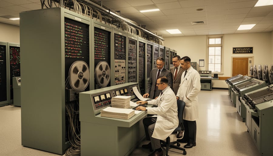 Vintage 1960s university computer laboratory with mainframe computers