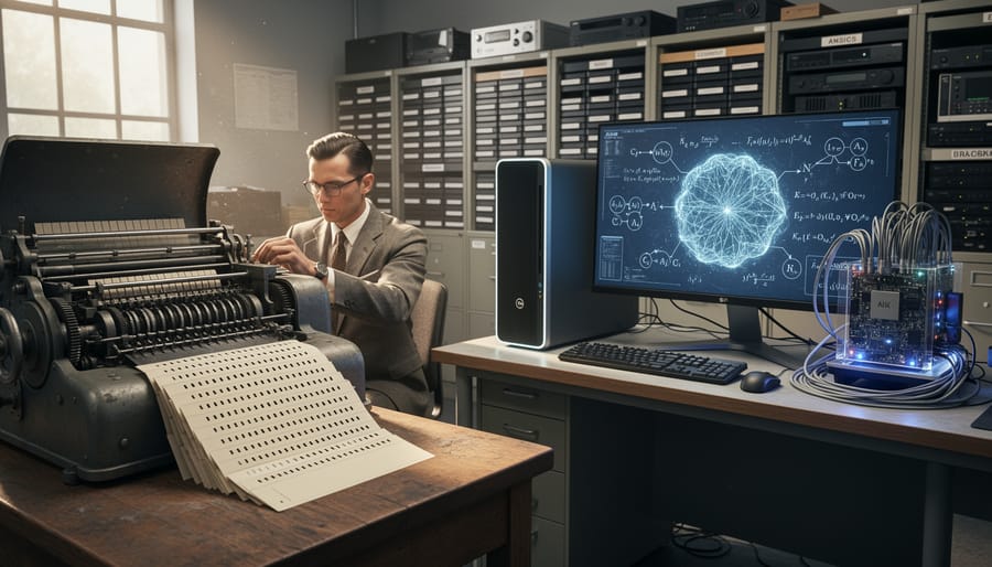 Vintage mechanical calculator and punch cards next to modern circuit board showing evolution of computing technology