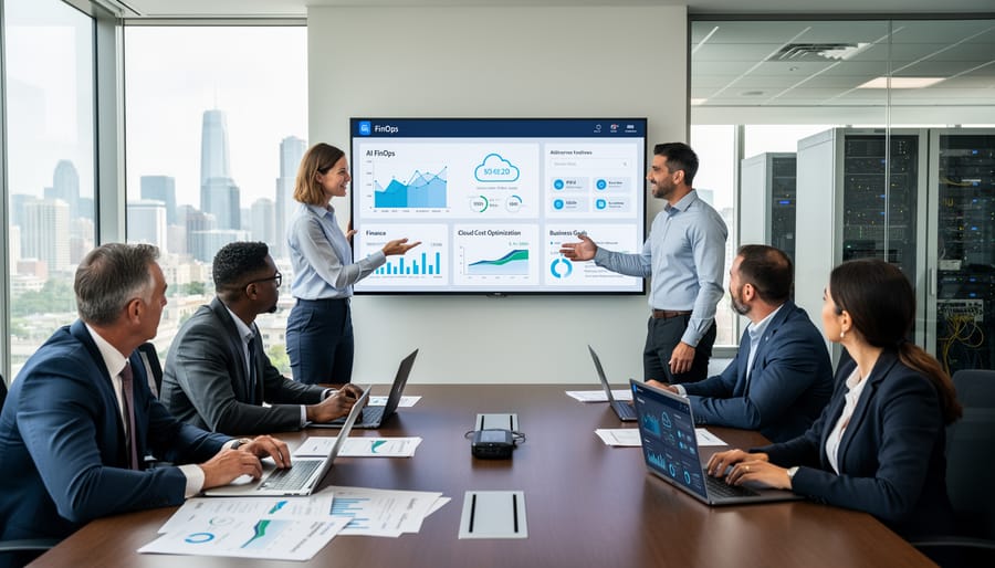 Business team collaborating around conference table with technology and documents