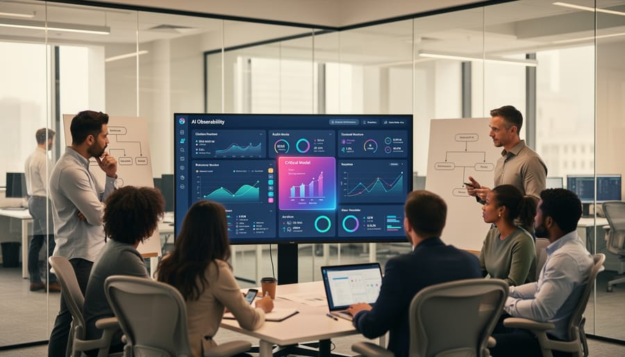 Person working on laptop planning AI monitoring implementation