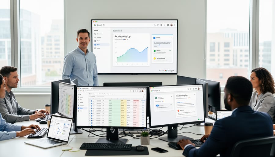 Business professional working with integrated AI software systems at modern office desk