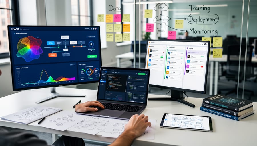 Overhead view of hands typing on laptop with notebook on desk