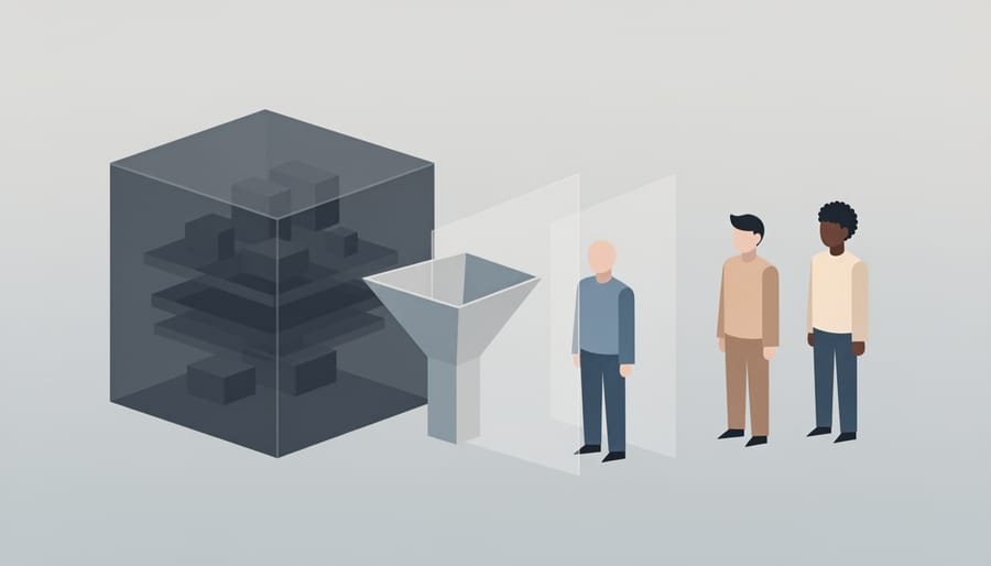 Diverse hands reaching upward with some blocked by translucent barrier representing algorithmic bias