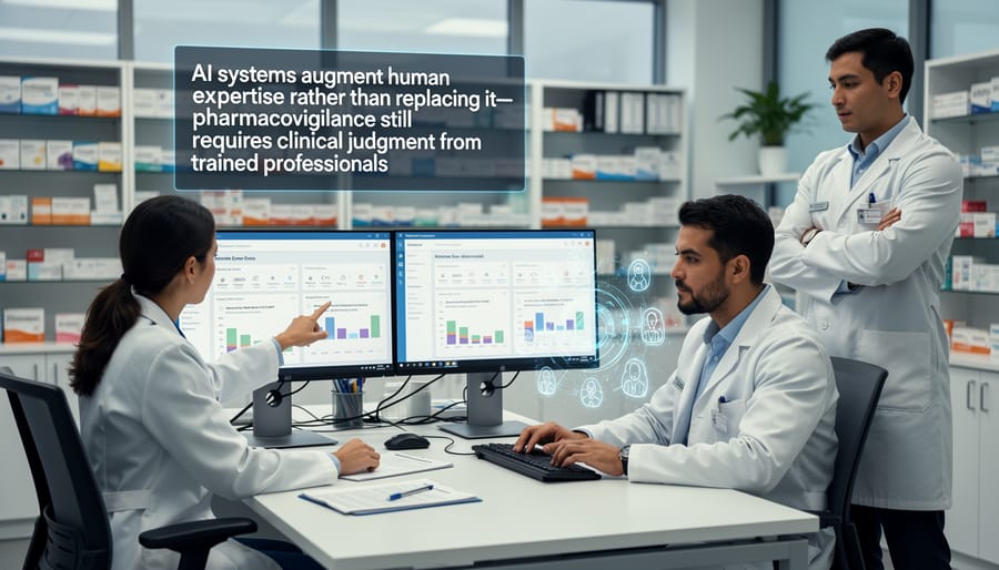 Medical doctor and data scientist collaborating on medication safety analysis using digital display
