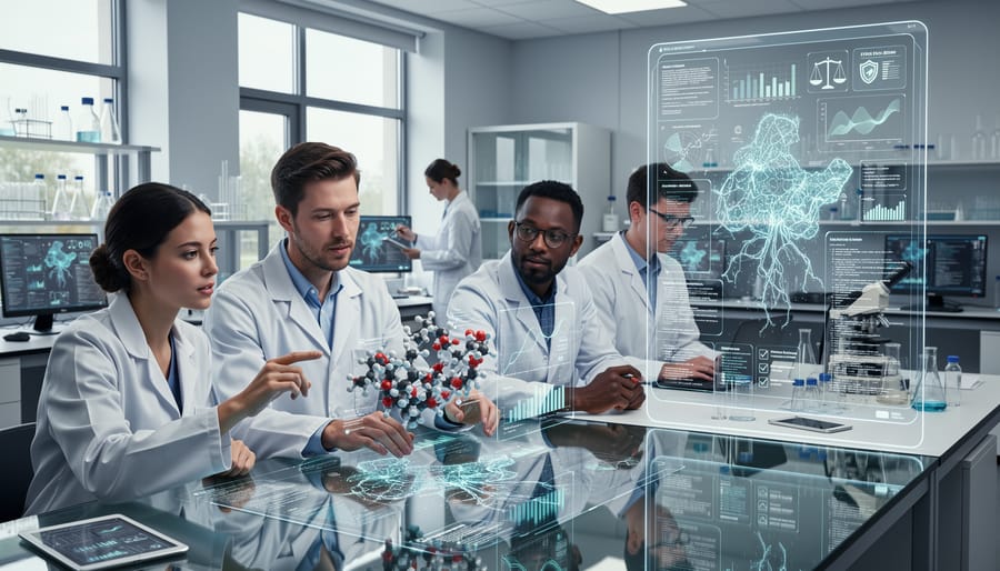 Research team collaborating with AI-powered analysis tools in laboratory setting