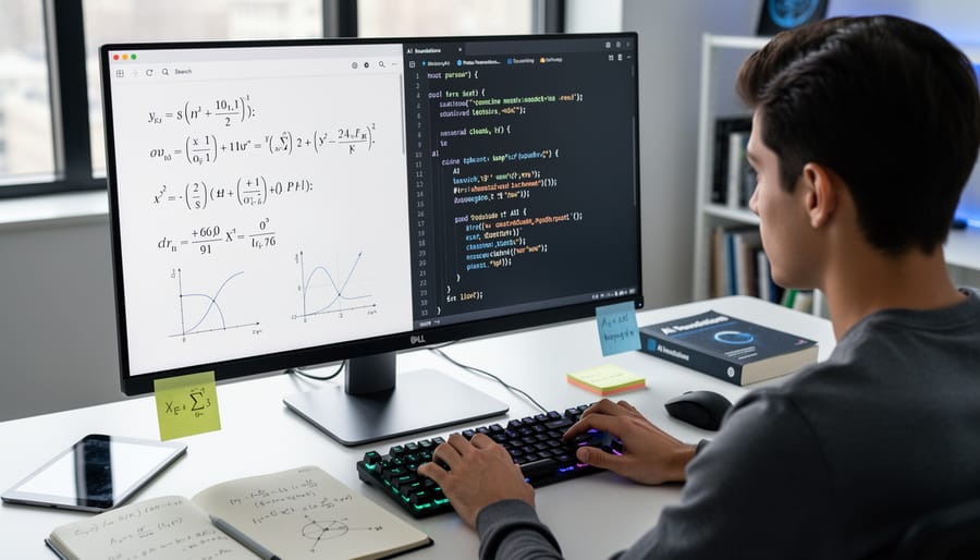 Student studying AI mathematics with notebook and laptop showing code visualizations