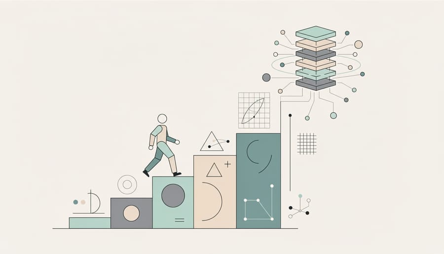 Person climbing steps on mountain trail with sunlight ahead representing learning journey