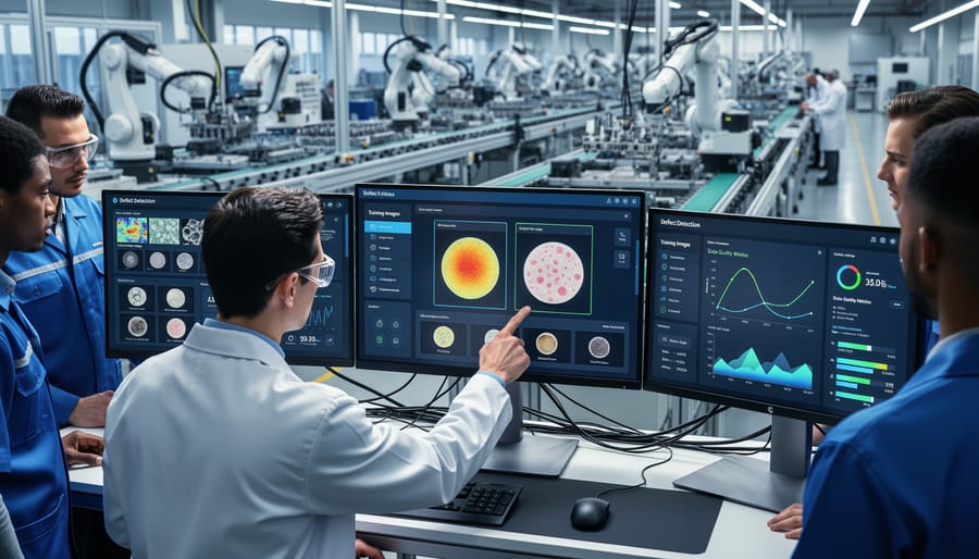 Quality control inspector examining manufactured parts on factory production line