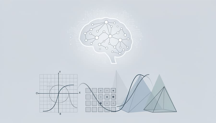 Mathematical symbols and neural network visualizations floating above laptop in modern workspace