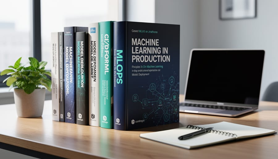 Stack of technical books on desk with laptop in background