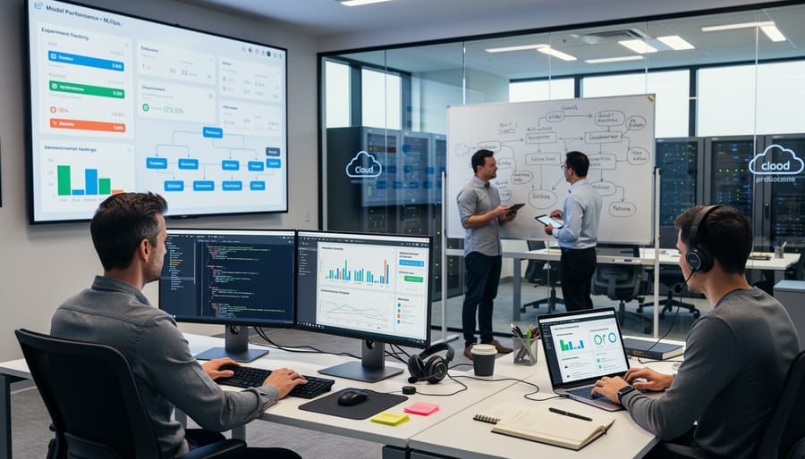 Data scientist working at computer workstation with multiple monitors showing code