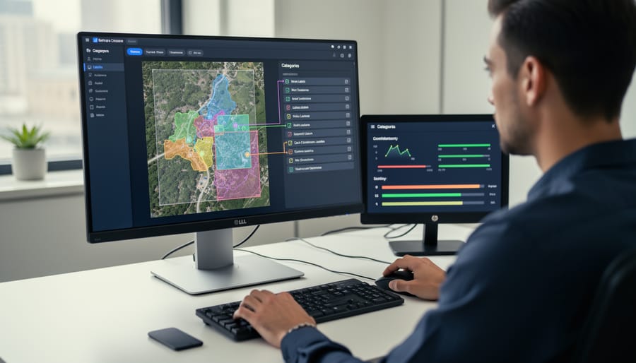 Data annotator working with AI-assisted labeling tools on multiple monitors