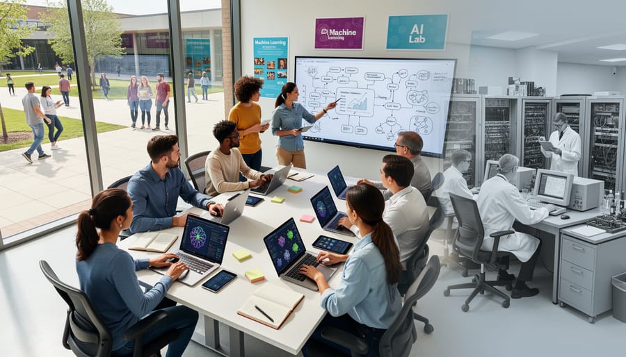 Diverse students collaborating on laptops in modern library study space
