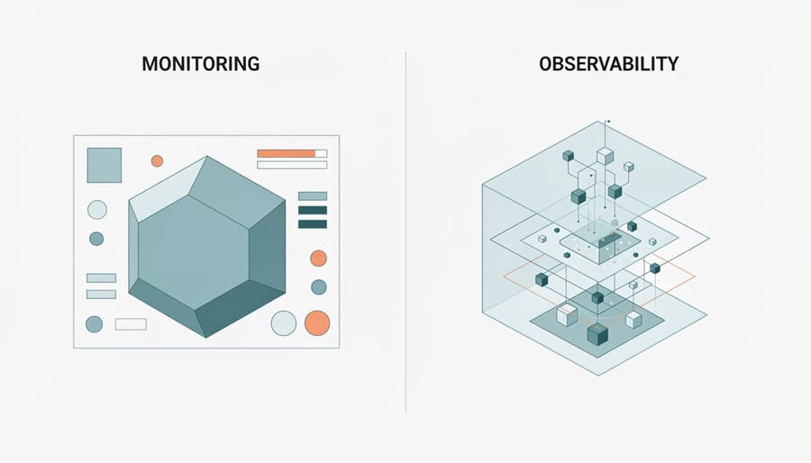 Two diverging paths in modern data center representing different approaches to system oversight
