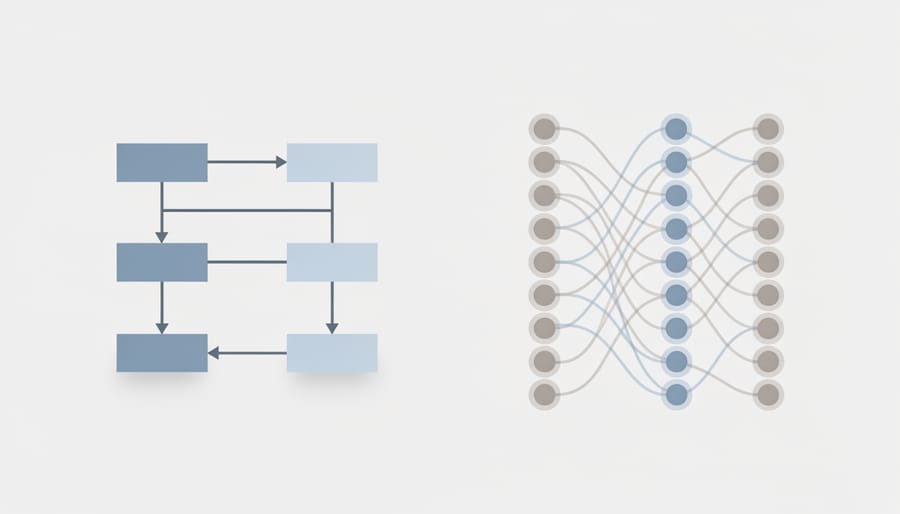 Illuminated network of fiber optic cables representing neural network architecture and connections