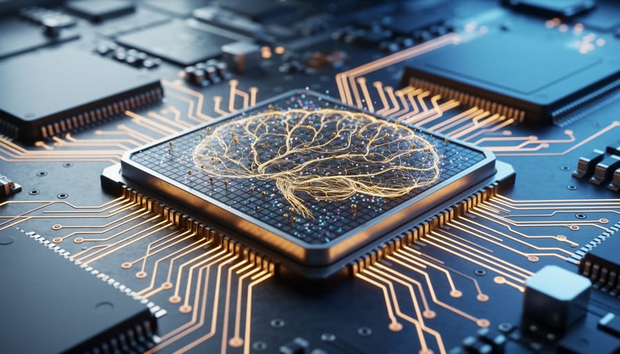Close-up of neuromorphic chip showing intricate circuit patterns inspired by neural networks