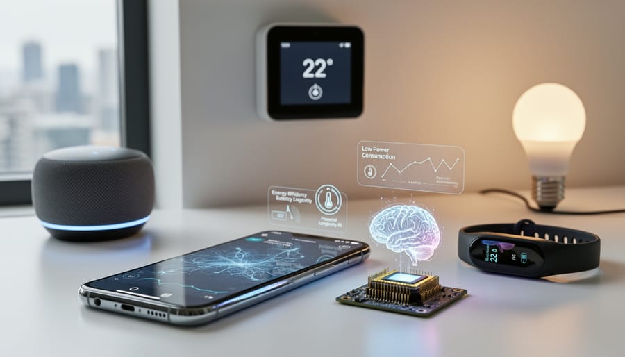 Person holding smartphone in smart home environment with connected devices