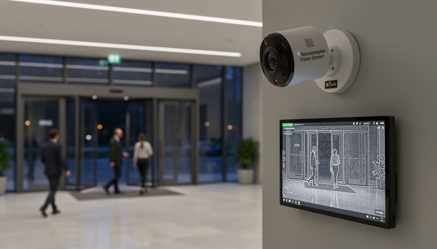 Modern security camera with advanced vision sensors mounted on building exterior