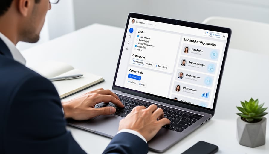 Close-up of professional hands typing on laptop keyboard while updating profile