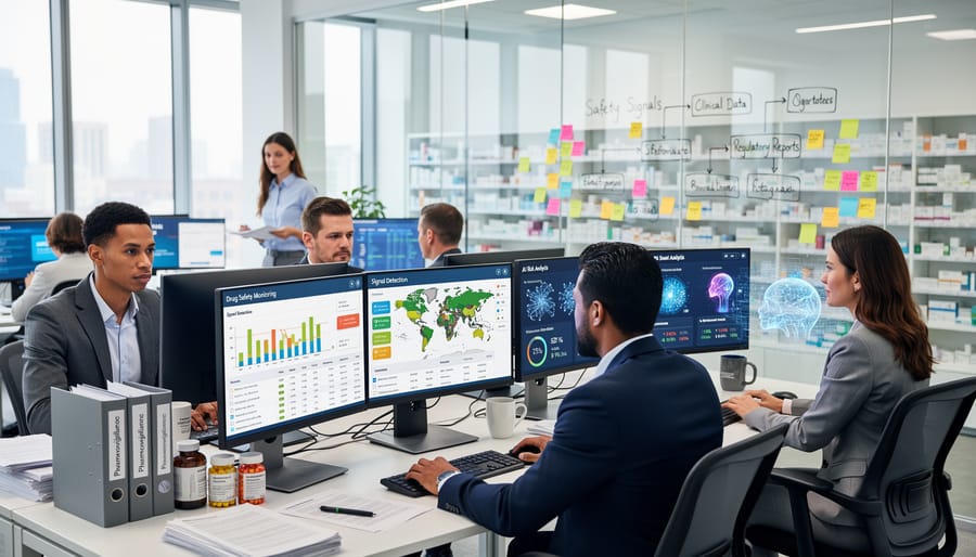 Scientist reviewing prescription medications and digital data in pharmaceutical safety laboratory