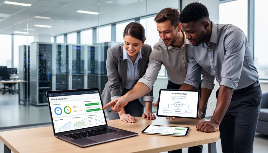 Person planning AI integration strategy with laptop and mobile device on desk