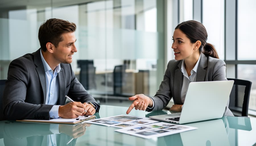 Professional presenting technical work to small audience in modern conference room