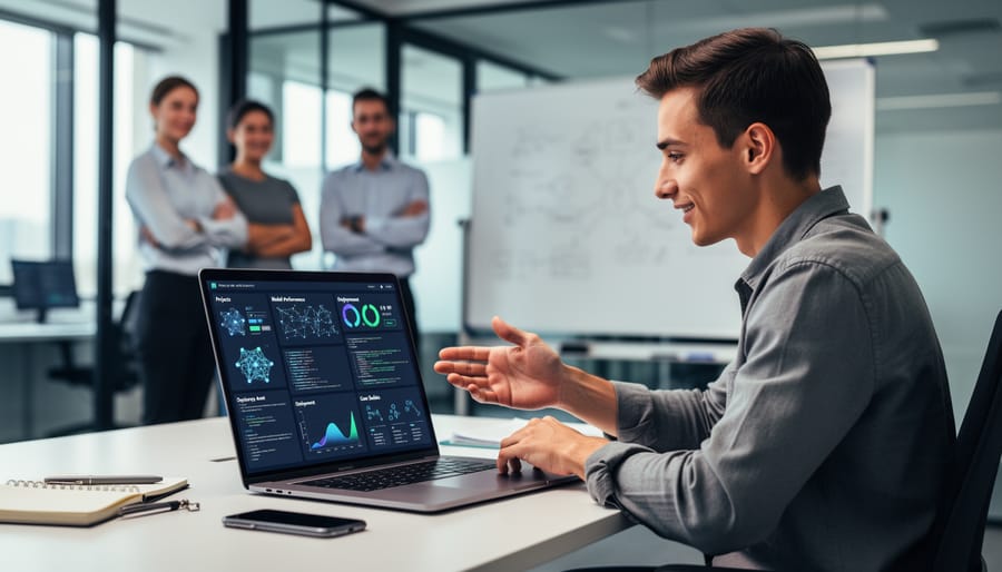Professional presenting AI portfolio project to small audience in modern setting