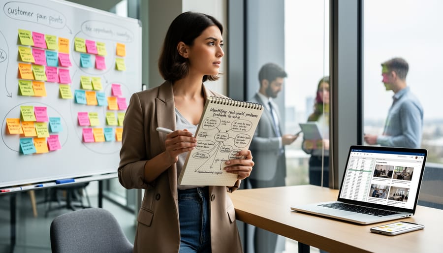 Overhead view of notebook with project sketches and smartphone on working desk